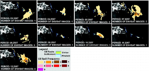 Figure 11. Map of monthly oil spill frequency around the Oil Rocks, Chilov and Pirallahi Islands during 2007.