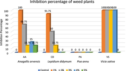 Figure 5. Inhibition percentage of Weed plants after the treatment of Callistemon viminalis aqueous extract.