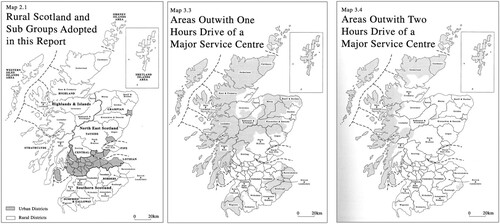 Figure 1. Maps showing which urban and rural districts and areas of Scotland outwith one and two hours drive of a major service centre. Reproduced from Scottish Rural Life Update 1996.