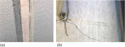 Fig. 8. a) Adhesion loosening in joint with building mastic. b) TDV-tube and crack in concrete panel at balcony etc.