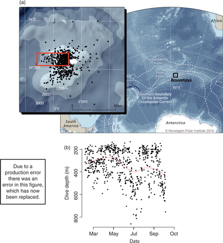 Fig. 1 (a) Filtered location estimates of CTD casts from a southern elephant seal instrumented on 20 January 2008 in relation to the sub-Antarctic island of Bouvetøya in the South Atlantic sector of the Southern Ocean. The red box highlights the section used to characterize the seasonal evolution of the water column in the areas typically used by resident krill–predator populations. Approximate locations of the sub-Antarctic Front, Polar Front and southern Boundary of the Antarctic Circumpolar Current are shown. (b) Diving during the resident period in the selected geographic box was consistent with a benthic foraging mode, with most dives being conducted within the 600-m isobath. The red line represents the fitted locally weighted scatter plot smoothed curve highlighting the temporal trend in dive behaviour.