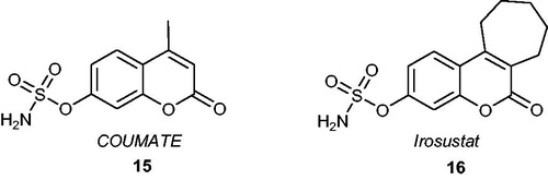 Figure 5. Chemical structures of STS inhibitors based on sulphamoylated coumarin derivatives –COUMATE 15 and Irosustat 16.