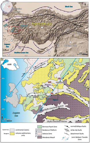 Figure 1. (a) Simplified regional map showing the main neotectonic structures and neotectonic provinces in Turkey and surrounding regions. Note that the Izmir-Balıkesir Transfer Zone (IBTZ) is a structural boundary between the normal fault dominated West Anatolian Extensional Province (WAEP) and strike-slip dominated North Anatolian Region (NAR) (modified from Barka, Citation1992; Bozkurt, Citation2001). Abbreviations: WAEP, West Anatolian Extensional Province; IBTZ, Izmir-Balıkesir Transfer Zone; NAR, North Anatolian Region; NAF, North Anatolian Fault; EAF, East Anatolian Fault; DSF, Dead Sea Fault; BZSZ, Bitlis–Zagros Suture Zone; AT, Aegean Trench; PSA, Pliny–Strabo Arc; CA, Cyprean Arc. (b) simplified tectonic map of Western Turkey showing tectonostratigraphic units and location of study area (redrawn from Özkaymak et al., Citation2011 and reference therein). Abbreviations: MFZ, Manisa Fault Zone; KF, Kemalpaşa Fault; GSF, Gediz Supradetachment Fault; BMSF, Büyük Menderes Detachment Fault; IF, Izmir Fault; SFZ, Seferihisar Fault Zone; OFZ, Orhanlı Fault Zone; EF, Efes Fault; MB, Manisa Basin; KB, Kemalpaşa Basin; GB, Gölmarmara Basin.