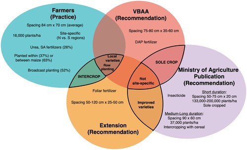Figure 5. Venn diagram of farmer practice and extension recommendations for pigeonpea management. Farmer practice determined by survey 1 focal plot responses (n = 114). Extension recommendations compared across three different levels, with VBAA recommendations (n = 5), government extension officers (n = 5), and an official Ministry of Agriculture publication (Kanyeka et al., Citation2007).