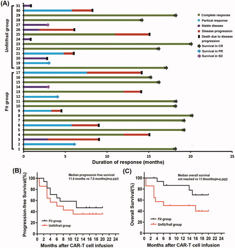 Figure 2. Feasibility assessments of humanized anti-CD19 CAR T-cells. (A) Treatment response and duration after beginning CAR T-cell infusion. (B) The Kaplan–Meier estimates of the PFS. The median PFS lengths of the two groups were 11.4 months and 7.0 months (p=.037). (C) The Kaplan–Meier estimates of the OS. The median overall survival lengths of the two groups were not reached and 11.0 months (p=.002).