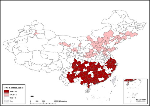 Figure 1. Geographical distribution of TCZ and non-TCZ cities.Notes: This figure shows the geographical distribution of TCZ and non-TCZ cities in China. The dark red, light red, and white regions are ARCZ, SPCZ, and non-TCZ cities, respectively.Source: “The Official Reply of the State Council Concerning Acid Rain Control Zones and Sulfur Dioxide Pollution Control Zones”.