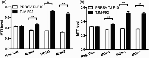 Figure 4. Dynamic changes of the viabilities of PAMs (a) and IMs (b) inoculated with different doses of the wild type strain (TJ-F10) or the vaccine strain (TJM-F92). **p < .01.