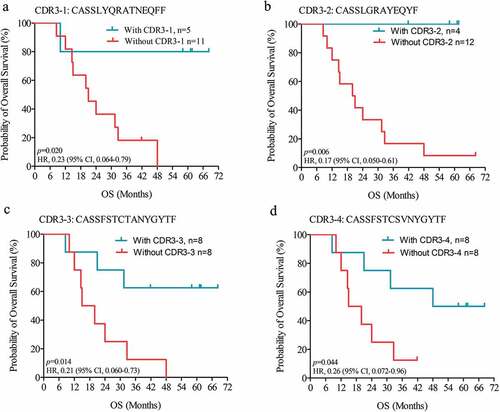 Figure 4. LTS-specific TCR clones predict durable survival. Kaplan-Meier estimates of overall survival in HSPPC-96 vaccinated GBM patients, grouped by the presence or absence of CDR3-1 (a), CDR3-2 (b), CDR3-3 (c), and CDR3-4 (d). Log-rank tests were applied to estimate differences. Vertical lines indicate censored time points