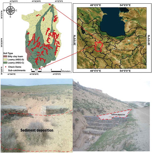 Figure 1. Location of the Ilanlu catchment in Hamadan Province and Iran and examples of check dams with collecting sediments