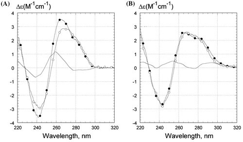 Figure 4. CD spectra of Z1 oligonucleotide in (A) .5 M LiCl and in (B) .5 M NaCl. Temperature was 0°C (filled circles) or 50°C (open circles). The unmarked curves are the difference between CD spectra at 0°C and at 50°C. Samples contained 1 μM oligonucleotides, 10 mM Tris–HCl buffer, pH 7.6. CD is presented as molar CD per nucleotide.