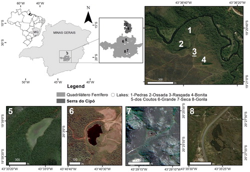 Figure 1. Map of the studied region and representations of the altitudinal lakes in the Espinhaço Mountain Range.