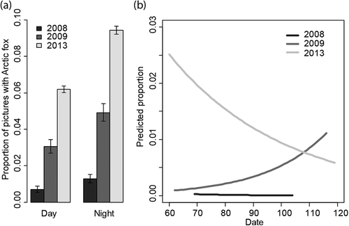 Figure 4. (a) Average proportion of photographs with Arctic foxes during day (07:00–19:00) and night (19:00–07:00) over three years (2008, 2009 and 2013) in the experimental area in Svalbard. The error bars indicate 95% CIs estimated from binomial distributions. (b) Change in proportion of photographs with Arctic foxes during the late winter and early spring in the years 2008, 2009 and 2013 as predicted based on the GLMM in the experimental area in Svalbard. Predicted proportions are shown for camera-day-ID and predictions were based only on the fixed effects variables.