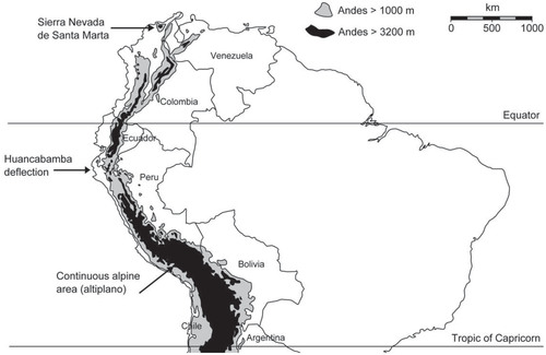 FIGURE 2. Map of the tropical Andes, from Sierra Nevada de Santa Marta (Colombia, 11°N) to South Chile/Argentina (23°S). Tropical alpine regions displayed as areas above 3200 m.