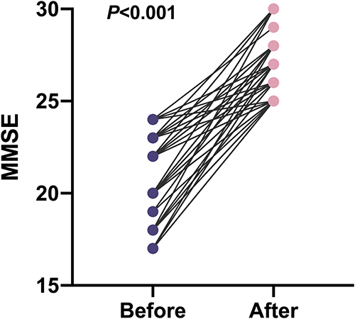 Figure 1 Scatter plot of MMSE total score before and after the intervention of CCRT.