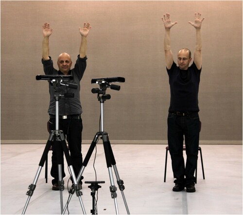 Figure 1. Matteo Fargion (left) and Jonathan Burrows (right) recording Both Sitting Duet with the Motion Bank team. Photo Courtesy of Motion Bank.
