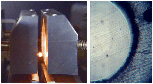 Figure 4. Left. Photograph of a laser-heated sample dropped into a calorimeter using the split nozzle design, reproduced from [Citation35] and published with permission of The American Ceramic Society Bulletin. Right. Photograph of a polished of homogenous glass spheroid quenched in an aerodynamic levitator.