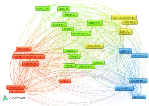 Figure 11. Co-citation of authors using network visualization techniques in VOSviewer. Out of 68,451 cited authors, 33 with a minimum of 120 citations were mapped into four clusters. Nodes represent citations. Four clusters were detected.