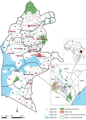 Figure 1. Location of Western Kenya with eight counties (dark lines) and 62 sub-counties (numbered, see note) relative to Kenya and Africa. Notes: Bungoma county: Bumula (1), Kabuchai (2), Kanduyi (3), Kimilili (4), Mt. Elgon (5), Sirisia (6), Tongaren (7), Webuye East (8), Webuye West (9); Busia county: Bunyala (10), Butula (11), Samia (12), Matayos (13), Nambale (14), Teso North (15), Teso South (16); Homa Bay county: Homa Bay (17), Rachuonyo East (18), Rachuonyo North (19), Rachuonyo South (20), Suba North (21), Ndhiwa (22), Rangwe (23), Suba South (24); Kakamega county: Butere (25), Ikolomani (26), Khwisero (27), Likuyani (28), Lugari (29), Lurambi (30), Malava (31), Matungu (32), Mumias East (33), Mumias West (34), Navakholo (35), Shinyalu (36); Kisumu county: Kisumu Central (37), Kisumu East (38), Kisumu West (39), Muhoroni (40), Nyakach (41), Nyando (42), Seme (43); Migori county: Awendo (44), Kuria East (45), Kuria West (46), Nyatike (47), Rongo (48), Suna East (49), Suna West (50), Uriri (51); Siaya county: Alego-usonga (52), Bondo (53), Gem (54), Rarieda (55), Ugenya (56), Ugunja (57), Vihiga county: Emuhaya (58), Hamisi (59), Luanda (60), Sabatia (61), Vihiga (62).