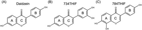 Figure 1. Chemical structure of (A) Daidzein, (B) 734THIF and (C) 784THIF.