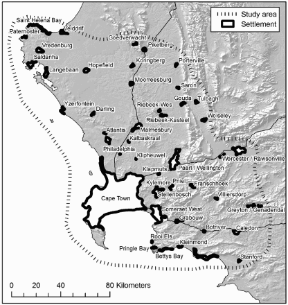 Figure 2: Map showing the study area and settlements identified within the study area