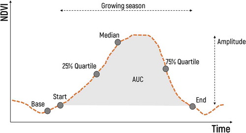 Figure 4. Generalized scheme of NDVI phenological metrics for the growing season. The phenological metrics are in fact statistical descriptors of the NDVI trajectory of a field.