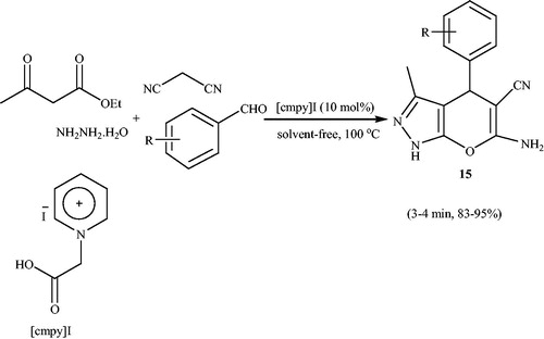 Scheme 18. The use of 1-(carboxymethyl)pyridiniumiodide {[cmpy]I} for the green synthesis of 6-amino-4-(4-methoxyphenyl)-5-cyano-3-methyl-1-phenyl-1,4 dihydropyrano[2,3-c]pyrazoles.