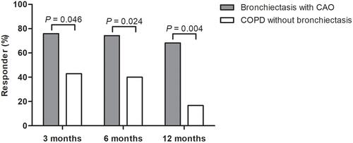 Figure 1 The proportion of symptomatic responders* after long-term azithromycin treatment. *Defined as patients with ≥2 points decrement from the initial COPD Assessment Test (CAT) score. CAT was measured in 43, 47, and 35 patients at 3, 6, and 12 months after initiation of azithromycin treatment.