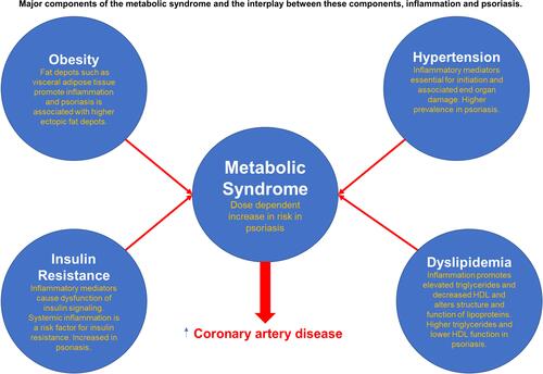 Figure 2 Major components of the metabolic syndrome and the interplay between these components, inflammation and psoriasis. Obesity, hypertension, insulin resistance and dyslipidemia are more prevalent in psoriasis. Each component is altered and worsened by chronic inflammation. Psoriasis has a dose dependent increase in risk for the metabolic syndrome. The metabolic syndrome is associated with higher coronary atherosclerosis in psoriasis.