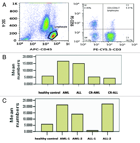 Figure 1. Levels and numbers of CD3+CD56+ T lymphocytes in the peripheral blood of patients with AL, CR-AL, and healthy controls. CD3+CD56+ T lymphocytes were significantly increased in AML and ALL patients compared with healthy controls, and levels recovered in AL patients who achieved CR. CD3+CD56+ T lymphocytes were also increased in AML patients with WBC counts >10 × 109/L and ALL patients with WBC counts <10 × 109/L. (A) CD3+CD56+ T lymphocytes. (B) Numbers in healthy controls, AML, ALL, CR-AML, and CR-ALL patients. (C) Numbers in healthy controls, AML-1, AML-2, ALL-1, and ALL-2 patients.