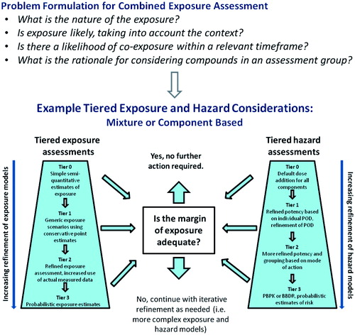 Figure 4. Unifying integrating framework for evaluating the risk of combined exposure to multiple chemicals. From Meek et al. (Citation2011) (Reprinted from Regulatory Toxicology and Pharmacology, Volume 60 (2011) S1–S14; by Bette Meek, Alan R. Boobis, Kevin M. Crofton, Gerhard Heinemeyer, Marcel Van Raaij, and Carolyn Vickers, entitled Risk assessment of combined exposure to multiple chemicals: A WHO/IPCS framework, with permission from Elsevier.).