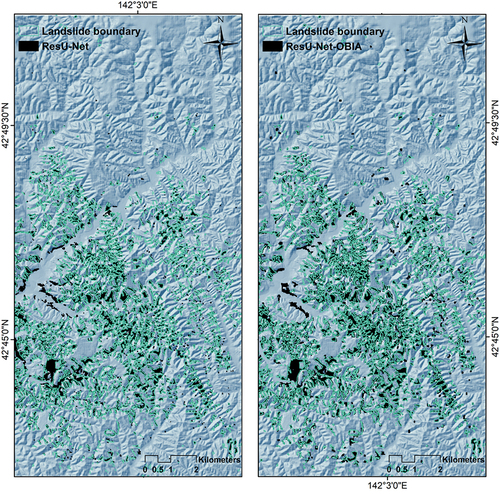 Figure 9. Resulting landslide detection maps. Left: the ResU-Net model; right: the ResU-Net-OBIA integrated approach.