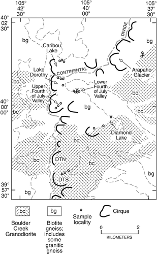 FIGURE 3.  Map of the study area, showing major bedrock types (simplified from CitationPearson, 1980), cirques, sample localities, and approximate timberline (thin dashed line). DTN—Devil's Thumb north cirque; DTS—Devil's Thumb south cirque