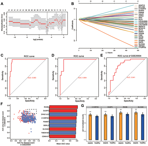 Figure 4 Potential key genes for the diagnosis of sepsis. (A) The gene signature selection of optimal parameter (lambda) in LASSO model. (B) LASSO coefficient profiles of the 25 differentially expressed genes selected by the optimal lambda. (C) The receiver operating characteristic (ROC) curves of the gene signature in the training set of GSE54514. (D) The ROC curves of the gene signature in the validation set of GSE54514. (E) The ROC curves of the gene signature in GSE25504. (F) The genes in GSE54514 and GSE25504 with an area under the ROC curve (AUC) greater than 0.75 are indicated together with their mean AUCs. (G) Differential expression of key genes between sepsis patients and controls in GSE54514. ***P < 0.001.