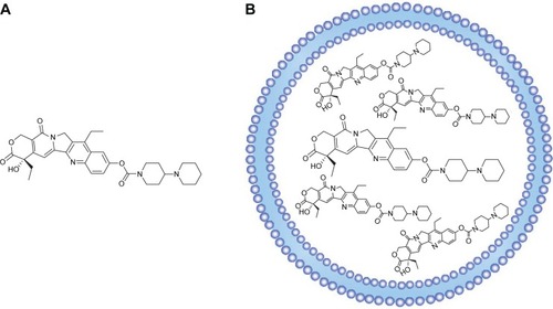 Figure 1 Chemical structure of irinotecan (A). Schematic structure of Onivyde: the basic molecule irinotecan forms a nanoscale complex with either poly(phosphate) or sucrose octasulfate in the liposome interior (B).