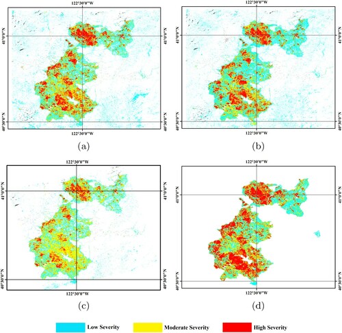 Figure 4. Burn severity maps obtained for a region in California through (a) our proposed method by dNBR, (b) our proposed method by dNBR2, (c) traditional dNBR classification proposed by Key and Benson (Citation2006), and (d) the reference burn severity map provided by MTBS project.