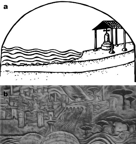 Figure 4. 4a – Monte della Croce, in Celle territory. Bitino da Faenza, polyptic, St. Giuliano church, Rimini (from CitationDelucca, 2006, p. 1421). 4b – Rimini harbour and Tiberius Bridge, 1454. Agostino di Duccio’s bas-relief, Tempio Malatestiano, Rimini (author’s own photograph, modified).