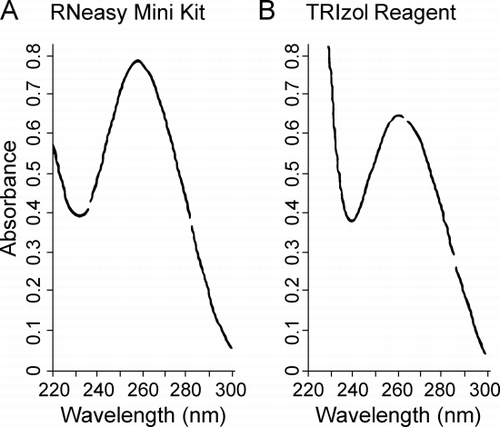 Figure 1. Purity of the extracted RNA. RNA from lung tissue frozen in Optimal Cutting Temperature compound was analyzed by UV absorbance between 220 and 300 nm. (A) RNA extracted with RNeasy Mini Kit. (B) RNA extracted with TRIzol reagent. Both show single peaks at 260 nm.