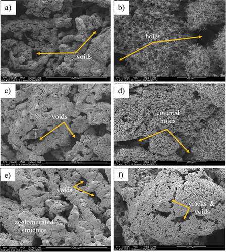 Figure 6. ESEM images of CC char residues of KeC-IFR (a and b), KeC-IFR+HNT (c and d) and KeC-IFR+MMT (e and f).