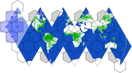 Figure 6. A unique and equal-area mapping from icosahedral hexagons to rectangles.