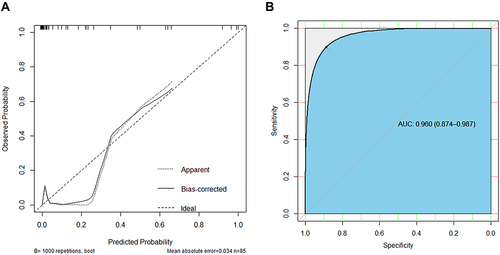 Figure 6 Discrimination of the nomogram was performed by using a concordance index (C-index) and ROC curve in the validation cohort. (A) Calibration curve of the nomogram in the validation cohort. (B) The AUC of our nomogram was 0.960 (95% CI: 0.874–0.987, P<0.001) in the validation cohort.