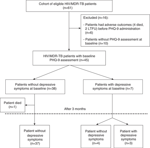 Fig. 1 HIV/MDR-TB patients with depressive symptoms, using the PHQ-9 tool in an MSF clinic in Mumbai, India (August 2012–March 2014).HIV/MDR-TB: HIV and multi-drug resistance tuberculosis co-infection; LTFU: loss-to-follow-up; PHQ-9: Patient Health Questionnaire-9