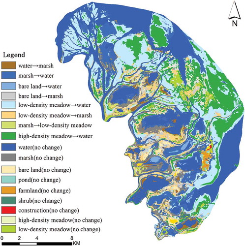 Figure 8. Wetland cover type change map from 21 December 2013 to 17 September 2014. The legend displays only the wetland cover types that experienced relatively significant changes during the study period.