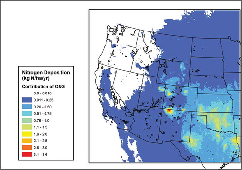 Figure 6. Modeled contribution of emissions associated with oil and gas production activity to total nitrogen deposition (kg N/ha/year). National parks and Class I areas are outlined in black.