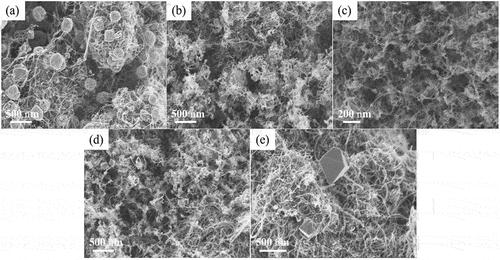 Figure 2. SEM images of CNT/CoFe-MOF-74 derivatives. (a) 0.54Co, (b) 0.4Co/0.14Fe, (c) 0.28Co/0.26Fe, (d) 0.14Co/0.4Fe and (e) 0.54Fe.