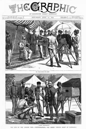 Figure 1. Frederic Villiers, ‘Mr Burke Posing the Ameer’ and ‘“Fixing” the Negative’, The Graphic, 12 July 1879, cover. © Mary Evans Picture Library.