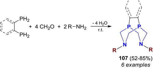 Scheme 69. Reactions of 1,2-diphosphinobenzene or 1,2-diphosphinoethane with CH2O and primary amines. Products, yields, 31P NMR shifts, and related references, are listed in Table S15.