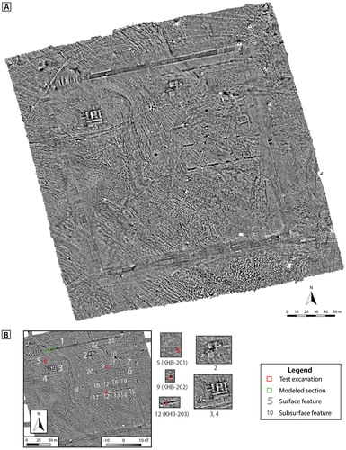 Figure 6. A) The KHB-2 magnetics prospection map and B) details from that map including: 1) the enclosure wall; 2) the East mound; 3) the West mound; 4) the Small west mound; 5) the Northwest platform (KHB-201); 6–7) Northeast structures; 8–10) round pits (including KHB-202); and 11–23) shallow trenches (including KHB-203).
