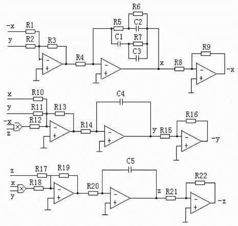 Fig. 7. Analog circuit of the fractional-order Lorenz system.