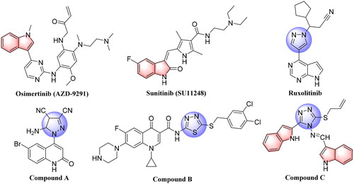 Figure 1. Structures of Osimertinib (AZD-9291), Sunitinib (SU11248), approved anticancer drugs, and some previously reported penta-heterocycles scaffold as antiproliferative agents (Compound A, B and C).