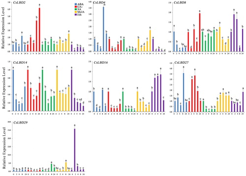 Figure 6. Expression profiles of CsLBD genes in the tea cultivar ‘Longjing43’ under hormone treatments: ABA (0.1 mmol/L), GA3 (1 mmol/L), SA (1 mmol/L), MeJA (1 mmol/L), Eth (0.1 mmol/L). Note: Error bars represent standard deviation (±SD). The values indicated by different letters significantly differ at P < 0.05.